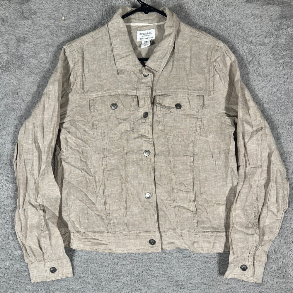 Jones & Co Linen Jacket Womens Medium Tan Button Front Trucker Lightweight 1805